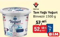 BİNVEZİR TAM YAĞLI YOĞURT 1500 G